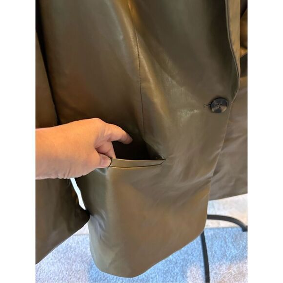 H&M Women’s Olive Green Dress Jacket Faux Leather Coat Blazer Size M - Picture 3 of 7